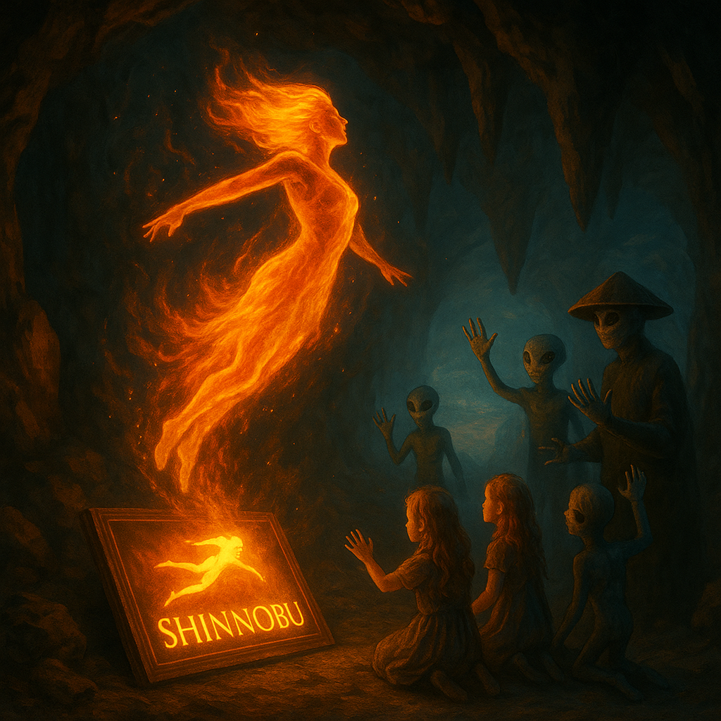 Woman of fire rising from symbol